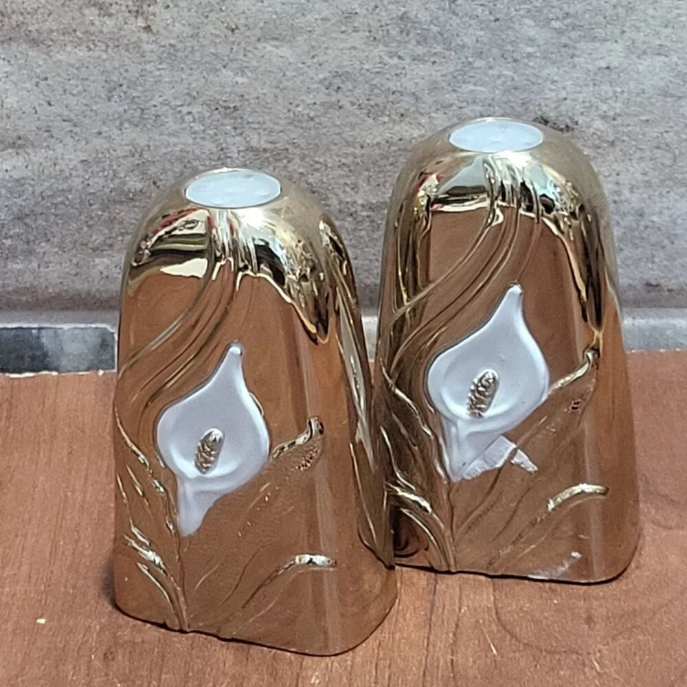 Vintage Japan Goldtone Over Silverplate White Calla Lily Salt Pepper Shaker Set